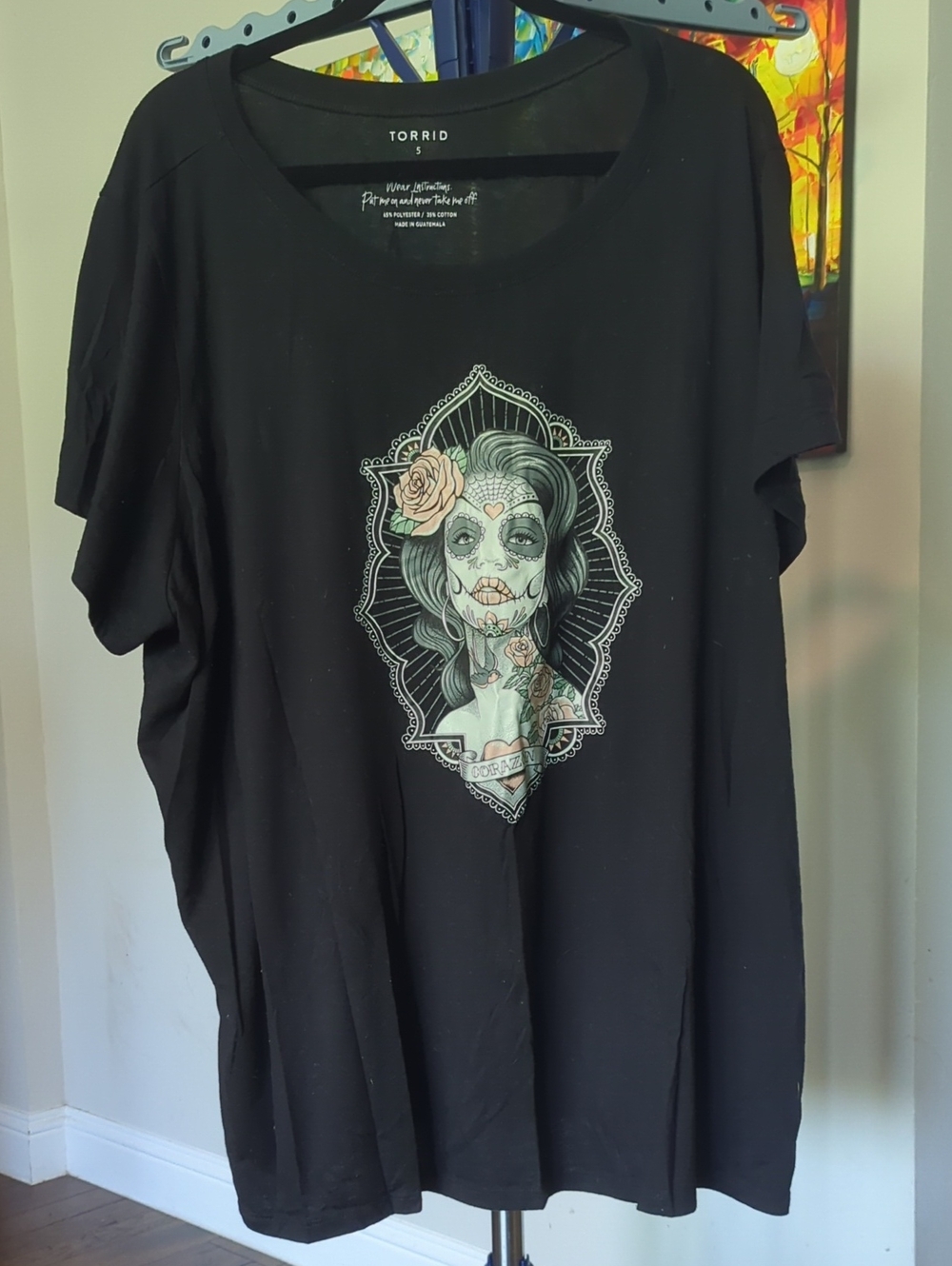 torrid Black Tee with Mint & Pink Day of the Dead Portrait #2